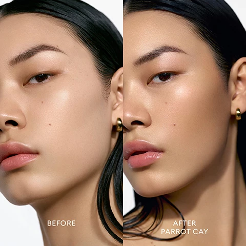 Image 1, before and after. image 2, the ingredients. tourmaline and quartz illuminate without shimmer. rose oil revitalizes dull skin. squalane pure, sustainable and 100% plant derived moisturiser adds weightless hydration. image 3, the benefits. warm, sunkissed hues in a mistake proof formula. illuminating actives revive skin radiance. sustainable packaging, 50% post consumer recycled plastic lid, 30% post consumer recycled plastic base. image 4, swatches of capri, seychelles, kauai and parrot cay on three different skin tones. image 5, swatches of capri, seychelles, kauai and parrot cay