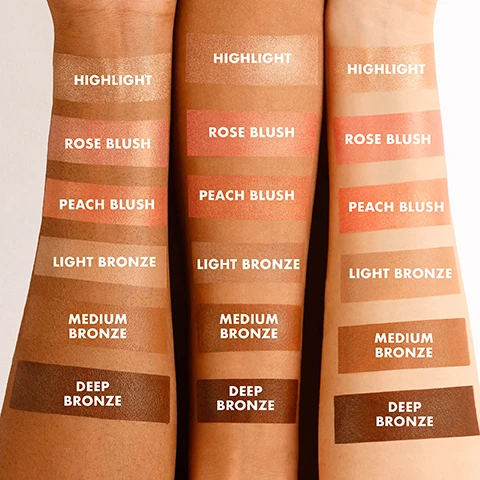 Image 1, swatches of highlight, rose blush, peach blush, light bronze, medium bronze and deep bronze on three different skin tones. image 2, shades suitable for all skin tones, light, mid and deep. image 3, before and after. taylor wears multi use cream blush, bronze and highlight palette. image 4, Image shows two makeup palettes side by side: the left is labeled MULTI-USE SCULPTING PALETTE with a description about soft-focus sculpting, and lists SIX CREAMY SHADES TO: contour, conceal, lift and define; the right is labeled MULTI-USE CREAM FACE PALETTE with a description about complexion perfection and lists SIX CREAMY SHADES TO: blush, bronze, highlight and add radiance.