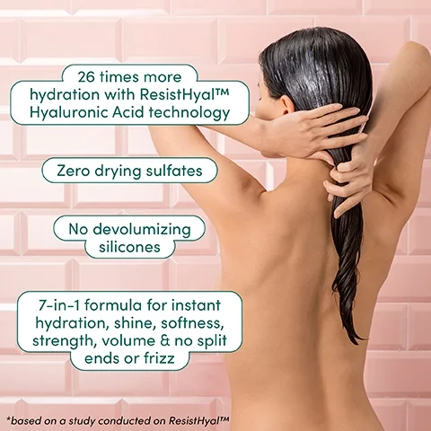 26 times more hydration with resisthyal hyaluronic acid technology. zero drying sulfates. no devolumizing silicones. 7 in 1 formula for instant hydration, shine, softness, strength, volume and no split ends or frizz. based on a study conducted on resisthyal