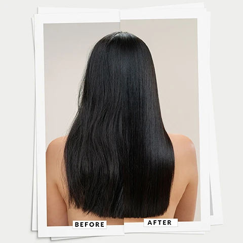 Image 1 - A comparison image shows a persons dark hair from the back, looking duller and wavier on the left and smoother and shinier on the right, with labels BEFORE and AFTER. Image 2 - A black bottle of Davines OI All in One Milk hair treatment on a black tiled surface with a white tiled background, featuring text that says #1 GLOBAL BESTSELLER MULTI-USE LEAVE IN HAIR TREATMENT FOR HYDRATION, SOFTNESS & SHINE, and the bottle label text davines OI ALL IN ONE MILK WITH ROUCOU OIL CON OLIO DI ROUCOU AVEC HUILE DE ROUCOU MULTI BENEFIT BEAUTY TREATMENT TRATTAMENTO UNIVERSALE DI BELLEZZA TRAITEMENT DE BEAUTÉ MULTI-BÉNÉFICES ALL HAIR TYPES TUTTI I TIPI DI CAPELLI TOUS TYPES DE CHEVEUX 135 mle 4.56 fl.oz. U.S., plus a Certified B Corporation logo.