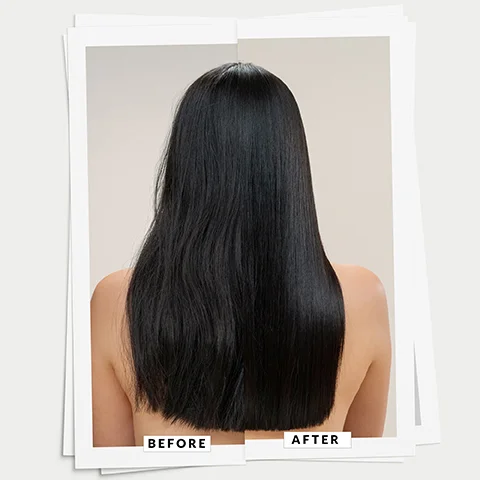 Split image showing before and after results on dark hair, with the left side showing less smooth hair and the text BEFORE, and the right side showing smooth shiny hair and the text AFTER.