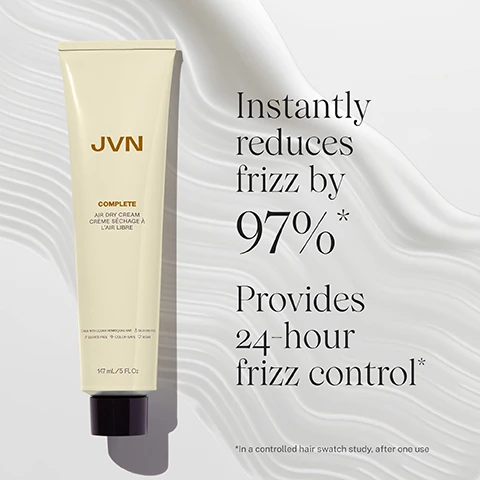 image 1, instantly reduces frizz by 97%. privides 24 hour frizz control. in a controlled hair swatch study after one use. image 2, without and with complete air dry cream. hair not retouched
