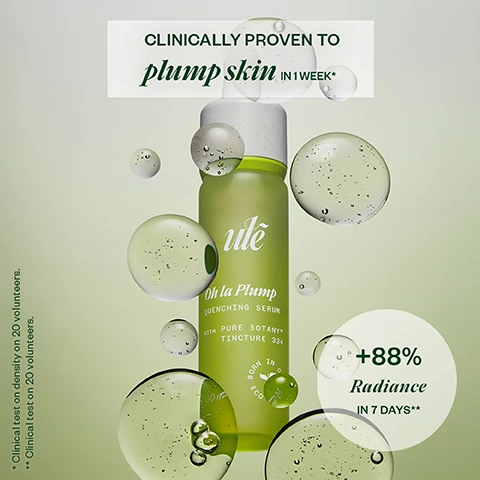 Image 1, clinically proven to plump skin in 1 weeks. +88% radiance in 7 days, cliniucal test on density on 20 volunteers. clinical test on 20 volunteers. image 2, a powerful synergy for visibly results. signature pure 3OTANY blend - revive skin by acting on the causes of premature skin againg, ex vivo protemic anaylsis. 3 hyaluronic acids plumps and reinforces the skin. saccharides moisturizes the skin. image 3, day 0 vs day 28 88% radiance improved after 7 days - clinical test on 20 volunteers. apply a few drops morning and night. the routine - reve of pure, oh la plump, je suis chill. image 4, hydration boost with le beau rest + oh la plump + je suis chill = +93% moisture in 30 minutes.