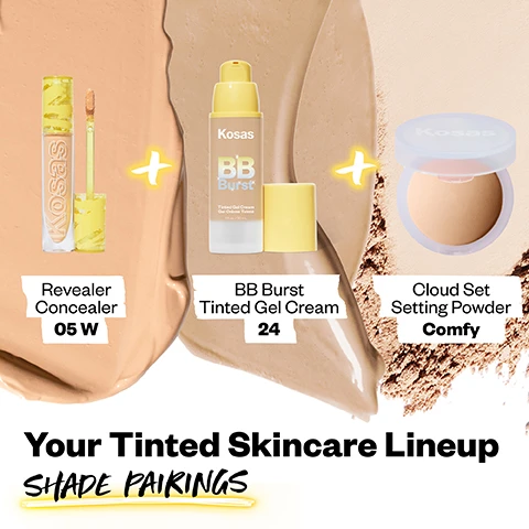 Image 1, your tinted skincare lineup, shade pairings. image 2, 100% agree this product improved bare skin. before and after. based on a consumer study, corneometer measurement, tewameter and visual grading of 50 women after using BB Burst for 28 days. image 3, clinically proven to increase hydration 230+%. based on a consumer study, corneometer measurement, tewameter and visual grading of 50 women after using BB Burst for 28 days. image 4, hydrating burst of active skincare. supports collagen = copper peptides. soothes sensitive skin = zinc oxide. sooths = saccharide isomerate. hydrates = sodium PCA. apply like a tinted moisturiser for added coverage pair with revealer concealer in targeted areas. image 5, BB burst tinted gel cream = coverage - light buildable. finish - fresh, hydrated, smooth. feel - refreshing gel cream. skincare stars - copper peptides, saccharide isomerate, sodium PCA, zinc oxide. revealer foundation = coverage - medium. finish - natural. feel - smooth, creamy. skincare stars - niacinamide, squalane, peptides, mineral reef-safe SPF. image 6, 100% of consumers saw increased smoothness. based on a consumer study, corneometer measurement, tewameter and visual grading of 50 women after using BB Burst for 28 days. image 7, refreshing formula releases a burst of active skincare. light, buildable coverage. smoothing effect. vibrant, fresh look. image 8, 9 and 10, find your shades. revealer concealer and BB burst tinted gel cream. image 11, light tones. 10 = very light with neutral undertone. 11 = very light with cool undertones. 12 = light wit neutral undertones. 13 = light with cool undertones. 14 = light with neutral warm undertones. 15 = light with cool undertones. image 12, medium tones. 20 = light medium with neutral warm undertone. 21 = light medium with neutral undertone. 22 = medium with neutral olive undertones. 23 = medium with neutral undertones. 24 = medium with warm undertones. 25 = medium tan with warm undertones. image 13, medium deep tones. 30 = medium tan with neutral cool undertones. 31 = medium deep with neutral olive undertones. 32 = medium deep with neutral warm undertones. 33 = medium deep with neutral undertones. 34 = medium deep with warm undertones. 35 = medium deep with warm olive undertones. image 14, deep tones. 40 = deep with warm undertones. 41 = deep with neutral cool undertones. 42 = deep with neutral warm undertone. 43 = deep with neutral olive undertones. 44 = rich deep with neutral olive undertones. 45 = rich deep with neutral olive undertones.