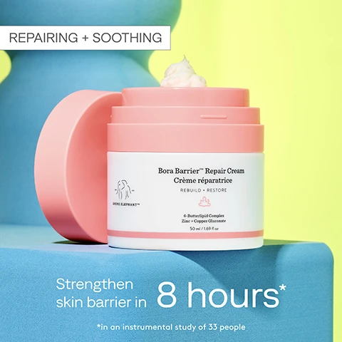 Image 1 - A pink jar of Bora Barrier™ Repair Cream sits on a blue pedestal against a green background, with text that reads REPAIRING + SOOTHING at the top and Strengthen skin barrier in 8 hours* below.
Image 2 - Image shows a side-by-side comparison of a womans face before and after eight weeks of using a skincare product, highlighting improvement in skin texture and appearance, with text stating proven to strengthen skin barrier in 8 hours* and a note about the study size of 33 people.
Image 3 - Close-up of a creamy texture in shades of white and pale pink, with visible text reading BUTTERY, ULTRA-RICH CREAM.
Image 4 - A pink jar of Bora Barrier Repair Cream with a light cream texture on top, accompanied by text detailing key ingredients such as 6-butterlipid complex, zinc and copper gluconate, and alpha glucan, each with descriptions of their benefits.
Image 5 - Image shows three moisturizer products arranged vertically with descriptions. The top product is Bora Barrier Repair Cream with a light pink jar, labeled with key ingredients as 6-butterlipid complex, zinc, and copper gluconate, and the usage recommendation is for chronically dry skin needing deep reparative moisture. The middle product, Protini Polypeptide Cream, is in a teal jar with key ingredients listed as 9 signal peptides and pygmy waterlily, and its perfect for firm skin and collagen-production support. The bottom product is Lala Retro Whipped Cream in a white jar, featuring key ingredients of triple-ceramide blend and 5 African oils, recommended for maintenance at any age. The title face-off and subtitle MOISTURIZER EDITION are at the top.
Image 6 - A light blue background features three skincare products: a pink and orange Bouncy Brightfacial container, a white and pink T.L.C. Framboos bottle, and a pink container with a cream inside, alongside the phrase are we clear? smoothie for smoother, clearer, healthier-looking skin; visible instructions indicate to use 2-3 pumps of Bouncy Brightfacial, 1 pump of Bora Barrier, and 1 pump of T.L.C. Framboos, with a note to mix it all together and apply.