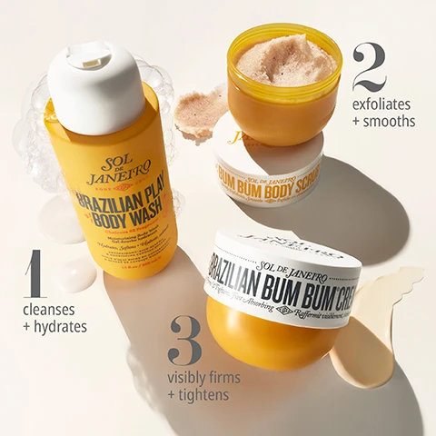 Image 2 - A flat lay features three Sol de Janeiro body care products: a yellow bottle of Sol de Janeiro Body Brazilian Play Body Wash Cheirosa 62 Fragrance Moisturizing Body Wash Gel douche hydratant Hydrates, Softens ANTIOXIDANT-RICH AÇAI OIL & NOURISHING CUPUAÇU BUTTER HUILE DAÇAÍ RICHE EN ANTIOXYDANTS ET EN BEURRE DE CUPUAÇU NOURRISSANT 13 fl oz / 385 mL e next to bubbles and white drops with the large text 1 cleanses + hydrates, an open yellow jar of Sol de Janeiro Body Bum Bum Body Scrub Gently Exfoliates, Smooths Exfolie en douceur, lisse with a dollop of scrub next to it and the large text 2 exfoliates + smooths, and a yellow jar of Sol de Janeiro Brazilian Bum Bum Cream Visibly Firms & Tightens, Fast Absorbing Raffermit visiblement, sabsorbe rapidement next to a cream swatch and the large text 3 visibly firms + tightens. Image 3 - An open yellow jar of Sol de Janeiro Bum Bum Body Scrub sits on a tan textured surface with the lid floating above, displaying the text exfoliates + smooths, Sol de Janeiro Body Care, Bum Bum Body Scrub, Gently Exfoliates, Smooths, and Exfolie en douceur, lisse. Image 4 - A flat lay shows a creamy, textured scrub next to crushed cupuaçu seeds, red guarana berries with seeds, and a broken coconut, with text stating Crushed Cupuaçu Seeds gently buff away dead skin, Guaraná Extract helps smooth skin, and Coconut Oil softens and conditions.