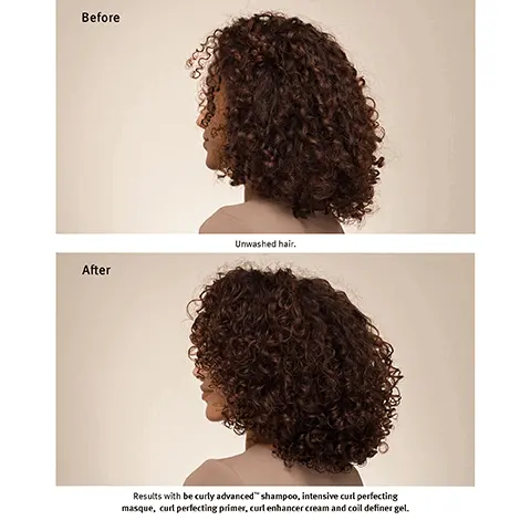 Image 1, Before Unwashed hair. After Results with be curly advanced shampoo, intensive curl perfecting masque, curl perfecting primer, curl enhancer cream and coil definer gel. Image 2, be curly advanced shampoo fights frizz & moisturizes shampooing combat les frisottis et hydrate fights frizz & après-sha combat les friso waves, cur cheveux c bouclés 8 waves, curls & coils cheveux ondulés, bouclés & crépus Cleanses and removes product build-up without stripping