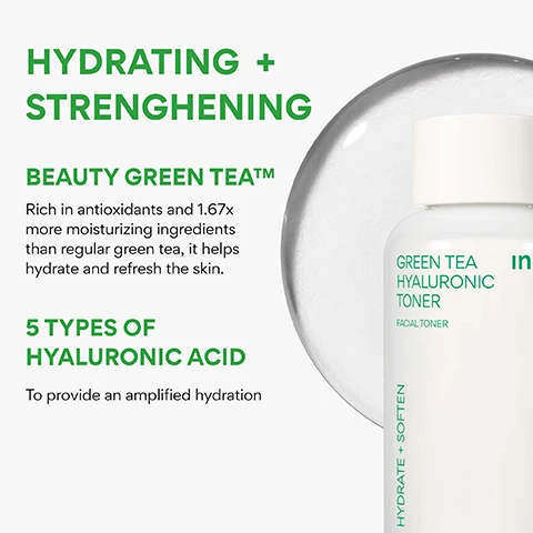 Image 4 - A white bottle of Green Tea Hyaluronic Toner is shown with text reading HYDRATING + STRENGTHENING, BEAUTY GREEN TEA™ Rich in antioxidants and 1.67x more moisturizing ingredients than regular green tea, it helps hydrate and refresh the skin, 5 TYPES OF HYALURONIC ACID To provide an amplified hydration, and on the bottle itself GREEN TEA HYALURONIC TONER FACIAL TONER HYDRATE + SOFTEN. Image 5 - An advertisement for Innisfree Korean Green Tea Hyaluronic Toner displays the innisfree logo, a white product bottle with green tea leaves, and text that reads: KOREAN GREEN TEA HYALURONIC TONER, 93% felt their skin moisturized instantly right after using the product*, 93% felt their skin supple with fast absorption*, 86% felt their skin moisture barrier improved after usage*, *Based on a 14-day independent consumer study on 30 women aged 20-35. The bottle itself is labeled: GREEN TEA HYALURONIC TONER, FACIAL TONER, HYDRATE + SOFTEN, GREEN TEA + HA*, innisfree 150mL 5.07 Fl.Oz. Image 6 - A smiling woman with braided hair pours Innisfree Green Tea + Hyaluronic Facial Toner from its bottle onto a cotton pad, with visible text WHO IS THIS GOOD FOR?, Innisfree, 150mL 5.07FL.OZ., HYDRATE + SOFTEN, GREEN TEA + HA+, FACIAL TONER, GREEN TEA HYALURONIC TONER, and green checkmark bullet points for Sensitive skin, Dull or tight skin, and Dry or dehydrated skin.
