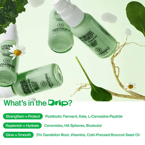 What's in the drip. Strengthen + protect, postbiotic ferment, kale, L-carnosine peptide. Replenish + hydrate, ceramides, HA spheres, bisabolol. Glow + smooth, 3% dandelion root, vitamins, cold-pressed broccoli seed oil. Helps prep + prime skin for makeup. Layers well under foundation for a radiant glow. Clinically tested to instantly boost + provide 24-hour hydration, strengthen the barrier in 1 hour, improve skin brightness + smoothness, visually enhance skin texture + eveness. Before, After, leaves skin looking hydrated + glowy immediately after one use, results based on a consumer perception study after immediate use. Glow beyond the barrier. 94% said skin looks hydrated + leaves a visibly healthy glow. 90% said skin felt restored with moisture + complexion looks brighter. Based on an 88 person consumer study after 4 weeks of use. Superfoods + science. Daily barrier skin multivitamin. Hydrates up to 10 surface layers deep. Visibly smooths, evens, brightens skin. Strengthens moisture barrier in 1 hour. Based on a 76 person clinical study and bio instrumental measurements. Healthy skin starts with superfoods. Treat, strengthen barrier, boost glow + smooth. Cleanse, deeply clean + remove makeup without stripping. Moisturise, lock in 48 hour plumping moisture. How skin srip supports your skin barrier. Hydrates up to 10 surface layers deep. Moisturising ingredients, including ceramides, smooth + coats the skin's barrier, locking in vital moisture. Antioxidants shield from environmental stressors. HA helps draw and retain moisture.