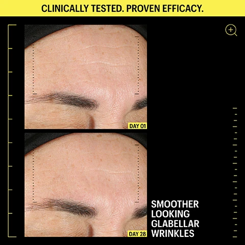 Image 2 - Image shows two close-up photographs of a forehead comparing appearances on Day 01 and Day 28, indicating smoother looking glabellar wrinkles, with visible text stating CLINICALLY TESTED. PROVEN EFFICACY. and the respective days of the images.
Image 3 - A close-up of a yellow liquid with details listing ingredients: 0.1% Encapsulated Retinal, 6 Peptides, 2% Ornithine & EGCG Complex, and 8.7% Ceramide & Omegas Complex, with a symbol in the top corner and aNC at the bottom left.
Image 4 - The image shows a close-up of a persons cheek comparing skin texture on day 1 and day 28, with visible redness and blemishes on day 1 and smoother skin on day 28; the text includes CLINICALLY TESTED. PROVEN EFFICACY. at the top and HELPS TO REFINE THE APPEARANCE OF SKIN at the bottom.
Image 5 - A flowchart illustrating selection criteria for retinal cream, detailing options based on user experience with retinoids, and displaying two product tubes labeled Retinal 0.1% & Peptides Advanced Repair Night Cream and Retinal 0.05% & Peptides Repair Night Cream, followed by text explaining their uses and recommendations for sensitivity.
Image 6 - A close-up image of a yellow gel-like substance with ridges, featuring bold text that reads Retinal is 11x faster-acting & 3x more bio-active than Retinol, along with small citations at the bottom.
Image 7 - Image shows two skincare treatment tubes, a beige one labeled Peptides & Antioxidants Advanced Firming Daily Treatment and a black one labeled Retinal 0.1% & Peptides Advanced Repair Night Cream, displayed against a white background with decorative graphics.
Image 9 - Image shows a skincare routine titled DAY & NIGHT ADVANCED FIRMING & REPAIR ROUTINE featuring five products with step instructions listed for application, including visible text: STEP 01 Cleanse skin AM/PM, STEP 02 Gently mist face & neck AM/PM, STEP 03 Apply 1-3 pumps to face, neck & eye area AM/PM, STEP 04 Apply 1-3 pumps to face & neck PM, FINAL STEP Apply 1/2 teaspoon for face and neck AM.