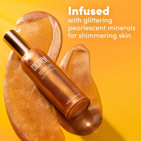 Image 1, infused with glittering pearlescent minerals for shimmering skin. image 2, 100% agree that the shimmer body oil was lightweight and non-sticky.