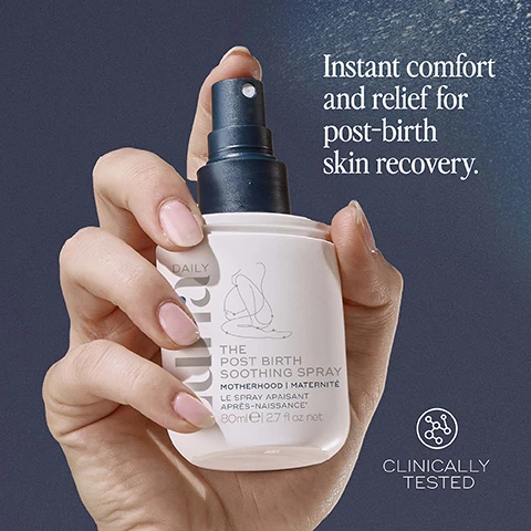 Image 1, instant comfort and relief for post birth skin recovery. clinically tested. image 2, helps cleanse and soothe intimate skin including the perineum from post birth discomfort. image 3, spray directly onto skin, tissue or into maternity pants. safe to use pre and post pregnancy. image 4, customer review = i really love this - it is so handy to give you that instant relief in those weeks post birth. image 5, blended with gentle, calming notes of ylang ylang and lavender. image 6, travel friendly. full size = 250 wipes 80ml. mini = 100 wipes, 30ml.
