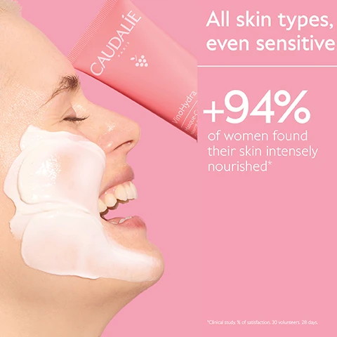 Image 1 - A woman with a white face mask on her cheek and chin smiles, with a pink Caudalie VinoHydra Masque-Creme tube in the background, beside text that reads All skin types, even sensitive, +94% of women found their skin intensely nourished*, and in smaller text *Clinical study. % of satisfaction. 30 volunteers. 28 days. Image 2 - A pink Caudalie VinoHydra moisturizing mask tube with water droplets rests on a cream-colored background, surrounded by red grapes, some halved, and green Centella asiatica leaves, with text that reads Organic Grape Water Hydrating, soothing, antioxidant and prebiotic, CAUDALIE PARIS, VinoHydra, Masque-Crème Hydratant Nourrit & apaise en 10 minutes Centella, Polyphénols de Raisin, Moisturizing Mask Nourishes & soothes skin 10 minutes Centella, Grape Polyphenols, 75mL - 2.5 Fl. Oz., Grape seed Polyphenols Antioxidant, and Centella asiatica Regenerates & repairs. Image 3 - An image compares two Caudalie mask tubes: on a pink background, a VinoHydra Mask tube is shown with text VinoHydra Mask, CAUDALIE PARIS, VinoHydra, Masque-Crème Hydratant Nourrit & apaise en 10 minutes. Centella. Polyphenols de Raisin, Moisturizing Mask Nourishes & soothes in 10 minutes. Centella. Grape Polyphenols, 75 mL - 2.5 FL. Oz., Boosts hydration in 10min, Soothes dry, sensitive skin; separated by VS from a white background showing a Vinoperfect Mask tube with text Vinoperfect Mask, CAUDALIE PARIS, Vinoperfect, Masque Peeling Glycolique Éclat en 10 minutes. Viniferine, AHAs, Glycolic Peel Mask Radiance in 10 minutes. Viniferine, AHAs, 75 mL - 2.5 FL. Oz., Boosts radiance in 10min, Eliminates dead cells and refines skin texture. Image 4 - An image on a pink background displays two pink Caudalie VinoHydra Moisturizing Mask tubes side-by-side, with the left tube having a wooden cap and labeled Before, and the right tube having a pink cap and labeled Now, accompanied by the visible text: New VinoHydra Moisturizing Mask CAUDALIE PARIS VinoHydra Masque-Crème Hydratant Nourrit & apaise en 10 minutes Centella Polyphénols de Raisin Moisturizing Mask Nourishes & soothes skin 10 minutes Centella Grape Polyphenols 75mL - 2.5 FL. Oz. New pack, same formula. Image 5 - A hand holds a pink tube of moisturizing mask with white product squeezed from the top, against a pink background with instructions reading How to recycle Moisturizing Mask, 1 Recycle the tube in the recycling bin, 2 Recycle the cap with Terracycle, and the tube itself displaying Caudalie Paris VinerHydra Masque-Crème Hydratant Nourishes & soothes for 10 minutes. Centella, Grape Polyphenols. 75ml - 2.5 FL OZ. Image 6 - Six pink and red Caudalie VinoHydra skincare products, including a serum, three moisturizers, and a mask, are displayed with a purple grape; visible text includes VinoHydra Collection, Gel Moisturizer, CAUDALIE PARIS, VinoHydra, Gel Hydratant, Hyaluronic Serum, Serum Hydratant, 30 ml - 1 FL. OZ., Sorbete Cream Moisturizer, Caudalie Vinohydra Sorbete Hidratante, Creme Sorbet Hydratante, Sorbete Crema, Sorbete Cream, Deep Hydration Moisturizer, Creme Hydratation Intense, Hydrating Cream, Moisturizing Mask, Masque Creme Hydratant deshydratées, Soothing Hydrating Mask, 60 ml - 2 FL. OZ., 50 ml - 1.7 FL. OZ., and 75 ml - 2.5 FL. OZ.