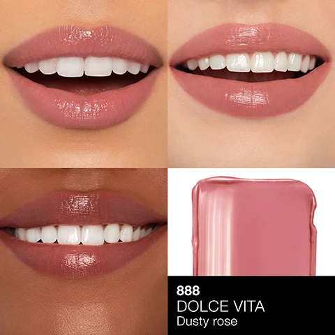 Image 1 - The image showcases four close-up views of lips with varying skin tones displaying the lipstick shade DOLCE VITA in dusty rose, with a swatch of the lipstick at the bottom right showing a smooth application, and the visible text includes 888 DOLCE VITA Dusty rose.
Image 2 - Four close-up images of lips in different shades of mauve and rose, with the bottom right showing a swatch of lip color along with visible text reading 208 DEVOTION Mauve rose.
Image 3 - Three arms with swatches of makeup on the forearms display two shades: 208 Devotion and 888 Dolce Vita, with the shade names to the left of the first arm.
Image 4 - A red lipstick tube is positioned against a red circular backdrop on a pink surface, with visible text stating COLOR MEETS CARE, 8-hour hydration, High-shine finish, and Long-lasting wear.