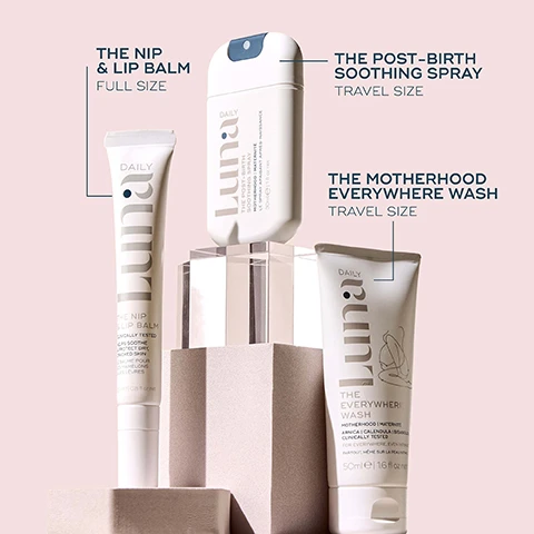 Image 1, the nip and lip balm - full size. the post birth soothing spray - travel size. the motherhood everywhere wash - travel size. image 2, soothe and protect cracked nips and lips. breastfeeding safe. clinically tested. image 3, instant comfort and relief for post birth skin recovery. clinically tested. image 4, gentle body wash safe for pregnancy, post birth and during breast feeding. image 5, comes with free quilted bag. travel friendly.