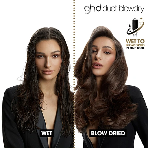 Image 1, wet vs blow dried. wet to blow dry in one tool. image 2, heat resistant bag and cleaning brush included. image 3, no frizz and 50% more shine. image 4, heat air exchange technology.