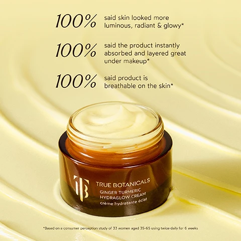 Image 1 - A jar of True Botanicals Ginger Turmeric Hydroglow Cream is placed on a smooth, creamy surface, with text above stating 100% said skin looked more luminous, radiant & glowy, 100% said the product instantly absorbed and layered great under makeup, and 100% said the product is breathable on the skin.
Image 2 - An image of a product label for Ginger Turmeric Hydraglow Cream, featuring the text Flood Your Skin with Clinically Proven 24 Hour Hydration along with five bullet points highlighting benefits such as fast absorption, long-lasting hydration, no pore-clogging ingredients, dermatologist testing, hypoallergenic properties, and pregnancy safety.
Image 3 - A jar of True Botanicals Ginger Turmeric Hydraglow Cream with ginger and turmeric roots, surrounded by milk thistle and tonka bean, including text that describes each ingredients benefits.
Image 4 - The image displays three jars of moisturizer with labels: Chebula Extreme Cream, Phyto-Retinol Advanced Clinical Cream, and Ginger Turmeric HydraGlow Cream, along with a question Which Moisturizer is Right for You? and key benefits for each cream listed below the jars.
Image 5 - A person holds two jars of ginger turmeric skincare products with text that reads Shop Our Ginger Turmeric Collection, Remove Makeup, Not Moisture, Lightweight, Clinically Proven 24-Hour Hydration.
Image 6 - Image depicts a promotional graphic about True Botanicals products, emphasizing that they are certified MADE SAFE, listing banned substances such as Sodium Lauryl Sulfate, Phthalates, and others, along with various certifications including Dermatologist Tested and Vegan.