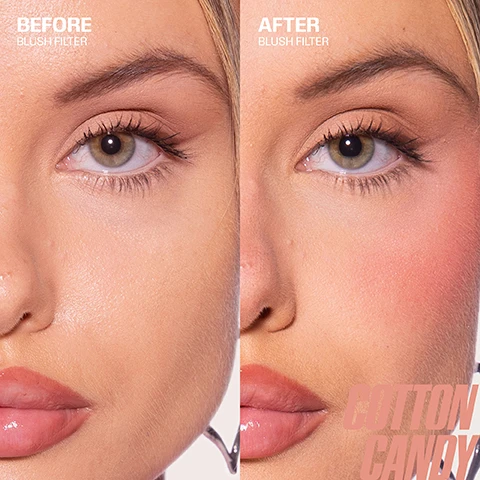 Image 1 - A side-by-side comparison of a womans face before and after applying a blush filter; the left side shows her natural skin tone while the right side displays a rosy blush effect with the text COTTON CANDY.
Image 2 - A grid of colorful lip paint swatches in various shades such as Ube Cream, Bubblegum, Cotton Candy, Sunset Lychee, Peach Sorbet, Intense Guava, Strawberry Cream, Watermelon Pop, Latte, Black Cherry, and Coco Loco.
Image 3 - A grid of six makeup photos showcasing light shade recommendations with visible labels: top row shows a woman with fresh makeup labeled Strawberry Cream, a woman making a playful face labeled Peach Sorbet, and a woman with glossy lips labeled Cotton Candy; bottom row features a woman with pink eye makeup labeled Ube Cream, a woman with soft glam labeled Bubblegum, and a woman smiling with light lipstick labeled Latte.
Image 4 - A close-up of a woman with long hair and makeup featuring pronounced blush on her cheeks, holding her face with her hands, accompanied by the text FOOLPROOF BLUSH! and three features highlighted: AMPLE PLAYTIME, EASY TO APPLY, and SOFT GLOW FINISH.