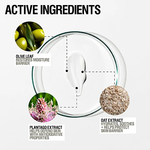 Image 1, active ingredients. olive leaf = restores moisture barrier. plantago extract = helps defend skin with antioxidative properties. oat extract = hydrates, soothes and helps protect skin barrier. image 2, effectively cleanses and removes makeup. restores moisture. visibly boosts radiance. image 3, 97% agreed cleanses without stripping. 95% agreed feels gentle. 97% agreed skin feels comfortable. independent user trial 2023. results based on 106 over 2 weeks. image 4, customer review = perfection in a tuve really works to remove makeup whilst leaving skin feeling soft and moisturised. image 5, how to use = massage into damp skin and remove with warm water. use daily. image 6, luxurious rich cream
