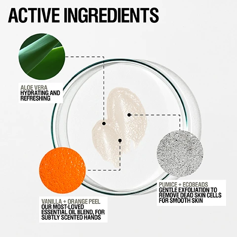 Image 1, active ingredients. aloe vera = hydrating and refreshing. vanilla and orange peel = our most essential oil blend for subtly scented hands. pumice and ecobeads = gentle exfoliation to remove dead skin cells for smooth skin. image 2, ultra effective hand cleansing. gently formula with natural exfoliating particles to soften and smooth skin. suitable for daily use. image 3, 98% agreed effective hand cleansing. 98% agreed gentle enough for daily use. 91% agreed hands are left feeling soft. independent user trial 2023, results based on 56 over 2 weeks. image 4, how to use = massage into damp skin then rinse off. image 5, luxurious gel with fine scrub particles.