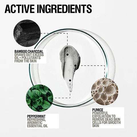Image 1, active ingredients. bamboo charcoal = draws out excess oil and pollutants from the skin. peppermint = refreshing, aromatic essential oil. pumice = powerful exfoliation to remove dead skin cells for smooth skin. image 2, gentle, effective exfoliation. instantly smoother, brighter skin. skin feels toned and purified. image 3, 97% agreed it exfoliates without irritation. 90% agreed skin is visibly smoother from first application. independent user trial 2022, results based on 71 over 2 weeks. image 4, customer review = best exfoliant ever, has a lovely invigorating scent and leaves skin super smooth, can't get enough of it. image 5, how to use = massage into damp skin in circular motions, remove with warm water. image 6, exfoliating gel with scrub particles.