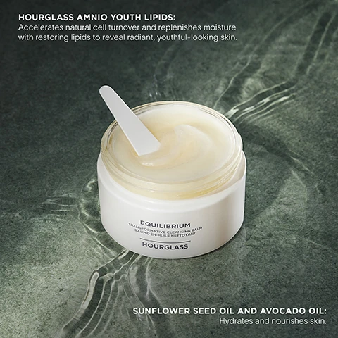 Image 1, hourglass amino youth lipids = accelerates natural cell turnover and replenishes moisture with restoring lipids to reveal radiant, youthful looking skin. sunflower seed oil and avocado oil = hydrates and nourishes. image 2, effortlessly removes makeup, sunscreen and impurities to reveal a smooth, radiant complexion. image 3, effortlessly removes longwearing makeup and sunscreen. instantly removes waterproof mascara. hydrates, nourishes and conditions. reveals radiant, healthy looking skin.