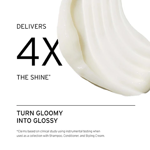 Image 1, delivers 4 times the shine. turn gloomy into glossy. claims based on clinical study using instrumental testing when used as a collection with shampoo, conditioner and styling cream. image 2, how to use = distribute product into hands and apply from mid lengths to ends, avoiding the root.