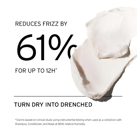 Image 1, reduces frizz by 61% for up to 12 hours. turn dry into drenched. claims based on clinical study using instrumental testing when used as a collection with shampoo, conditioner and mask at 80% relative humidity. image 2, how to use = distribute into hands and apply from mid-lengths to ends, avoiding the root. image 3, deeply hydrates. smooths and detangles. reduces frizz by 61% up to 12 hours in high humidity. when using the shea butter system at 80% RH.