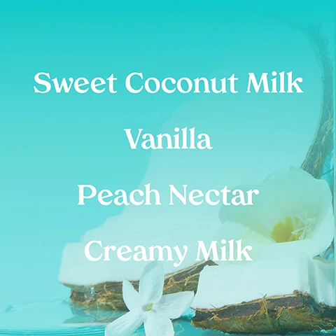 Image 1, sweet coconut milk, vanilla, peach nectar, creamy milk. image 2, for everybody, everywhere