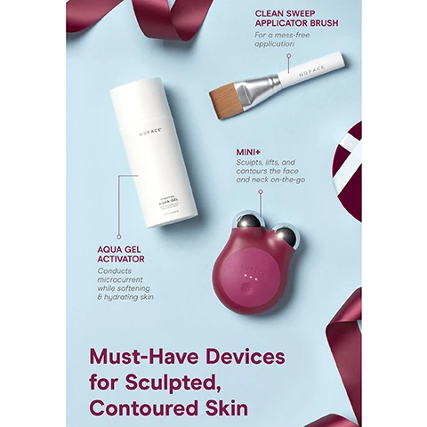 image 1, clean sweep applicator brush for a mess free application. aqua gel activator conducts microcurrent while softening and hydrating. mini plus - sculpts, lifts and contours the face and neck on the go. must have devices for sculpted, contoured skin. image 2, step 1 = prep. cleanse with an oil free cleanser to remove oil and prep skin. step 2 = activate - apply a mask like layer of aqua gel activator with your clean sweep applicator brush. step 3 = lift, perform glides and hold with the mini+ to lift, sculpt and contour the face and neck.