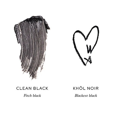 Image 1, swatches of clean black, pitch black and kohl noir, blackest black. image 2, before and after eye want you mascara. image 3, formulated with the safest ingredients. carnauba and candelilla blend - ultra creamy texture for maximum build. organic shea butter = nourishes and protects lashes. plant derived esther = rich pigment payoff and extended wear time. no silicones, no parabens, no PEGS, no talc, no phthalates, no synthetic fragrances or pigments, no animal testing. image 4, khol formula - defines when you line and smokes out when you smudge. jojoba and shea butter = no skip application. 100% natural pigment = intense matte finish. no silicones, no parabens, no PEGS, no talc, no phthalates, no synthetic fragrances, no animal testing.