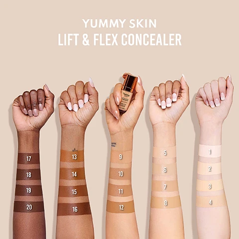 Image 1, yummy skin lift and flex concealer swatches on 5 different skin tones. image 2, yummy before, yummier after. image 3, lift and flex technology, powered by plants. lift and correct = purslane extract, caffeine, ku shen extract, centella asiatica, goji berry extract, vegan corrective pigments. smooth and flex = sodium hyaluronate, aloe extract, vegan squalane, orchid flower extract, echinacea extract, vitamin e. image 4, target dose tip. place and distribute the perfect amount of product. targeted tip = pinpoint concerns like blemishes and redness. curved reservoir well = perfect doses of product for areas big or small. image 5, clinically proven to visibly reduce puffiness of under eye area. clinically proven to significantly improve hydration for 8 hours. 100% saw natural results under eye after 16 hours. 100% saw natural results on skin after 16 hours. 94% said product improved under eye brightness. 91% said improves appearance of under eye. results are based on 8 hour clinical instrumental testing and 16 hour clinical perception testing with 36 panelists. image 6, fair to light shades. image 7, apply all over face without a trace with danessa's 6 ways to flex. flex 1 = concealer. flex 2 = foundation free. flex 3 = correct. flex 4 = power lift. flex 5 = contour/bronze. flex 6 = blemish retouch. image 8, conceal and powerlift, your shade + a shade 1-2 shades lighter. before, conceal, power lift, after. image 9, find your yummy shades.
