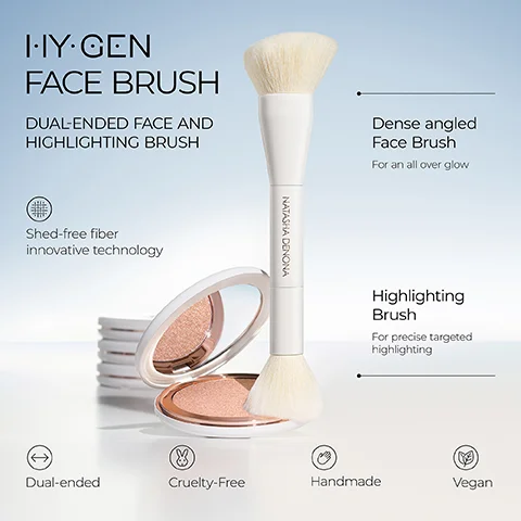 face brush. dual ended face and highlighting brush. dense angled face brush for an all over glow. shed free fiber innovative technology. highlighting brush for precise targeted highlighting. dual ended, cruelty free, handmade, vegan