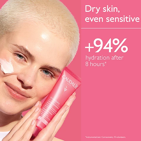 image 1, dry skin, even texture. +94% hydration after 8 hours. image 2, organic grape water - hydrating, soothing, antioxidant and prebiotic. organic shea butter - nourishes, hydrates and repairs. hyaluronic acid - smooths and hydrates. image 3, before and after. +94% hydration after 8 hours. unretouched results 8 hours after using deep hydration moisturiser.