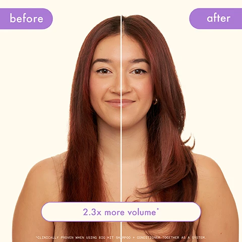 Image 1, before and after. 2.3 times more volume, clinically proven when using big hit shampoo and conditioner together as a system. image 2, ready for a big hit of volume? boosts volume 2.3 times. touchable volume. weightless moisture. softens and detangles. clinically proven when using big hit shampoo and conditioner together as a system. image 3, volume that packs a performance. instant and all day volume. 98% said they had instant volume. based on a professional evaluation of 56 subjects when using big hit shampoo and conditioner and rising start volumising finishing spray. based on a 2 week consumer study of 56 participants when using big hit shampoo, conditioner and rising start volumising finishing spray. image 4, before and after, instant and all day volume. based on a professional evaluation of 56 subjects when using big hit shampoo and conditioner and rising start volumising finishing spray. image 5, ingredients that'll make it big. sea buckthorn = loaded with vitamin c and a, fatty acid omega 7 and antioxidants. glycerin = adds and retains moisture into strands. caffeine = helps energize limp hair and promote sebum elimination. image 6, iconic volume. chart topping results. cleanse, condition, medium hold mousse, volumising spray, pre blow out primer. image 6, volume that goes all the way. 91% said their volume lasted for 24 hours. 91% said it added weightless moisture. 94% said their hair feels touchably soft. based on a 7 day consumer study of 32 participant when using big hit shampoo and conditioner as a system. image 7, which shampoo and conditioner is the one? normcore: benefit = nourish. hair type = fine to medium hair types, 1-2c seeking nourishment. hydro rush: benefit = deeply hydrate. hair type: dry, dehydrate. the kure: benefit = strengthen. hair type = all hair types, 1-4c, best for high porosity hair. big hit: benefit = volumise. hair type = fine-medium hair types, 1-3c, seeking extra volume. mirrorball: benefit = boosts shine. hair type = fine-medium hair types, 1-3c, combatting dullness and or chemically colour treated hair.
