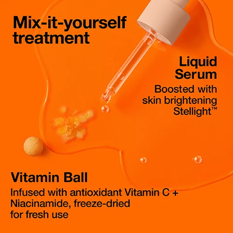 image 1, mix it yourself treatment. liquid serum boosted with skin brightening stellight. vitamin ball - infused with antioxidant vitamin c and niacinamide, freeze dried for fresh use. image 2, brightamin serum ampule - brightens skin in 7 days. before and after 4 weeks. image 3, reduces the look of uneven skin tone, dark spots, fine lines.