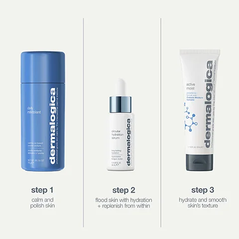 daly milolant dermalogica hydration sum dermalogica step 1 calm and polish skin step 2 flood skin with hydration + replenish from within step 3 hydrate and smooth skin's texture active moist dermalogica