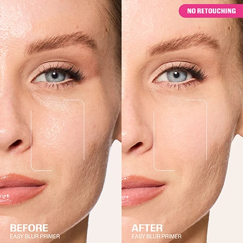 Image 1 - A split image of a womans face shows the before on the left with more textured skin and the after on the right with smoother skin, with text No Retouching, Before Easy Blur Primer, and After Easy Blur Primer. Image 2 - A three-panel image demonstrates The Easy Routine makeup process on a womans face, showing her skin before primer with Easy Blur Primer for Prime, her face with foundation using Easy Blur Foundation Macchiato 400G for Blur, and her finished makeup with blush using Easy Bake Loose Powder Peach Pie for Bake. Image 3 - A close-up of a persons face shows a finger applying a clear gel product to their cheek, with overlaying text that reads BOOSTS HYDRATION, MILK THISTLE EXTRACT & GLYCERIN, BLURS PORES, WATER CAPSULE POLYMER, NON-COMEDOGENIC. Image 4 - A large Huda Beauty Easy Blur Primer tube, labeled FULL SIZE and 30 ML / 1 FL. OZ, is shown next to a smaller Huda Beauty Easy Blur Primer tube, labeled TRAVEL SIZE and MINI EASY BLUR PRIMER and 10 ML / 0.33 FL. OZ, both tubes display silicone-free smoothing primer base de teint lissante sans silicone text, all against a light background with a pink smear of product. Image 5 - A three-panel image depicts a womans face demonstrating a makeup routine, showing her natural skin with an Easy Blur Primer tube in the first panel, her face with applied foundation and an Easy Blur Foundation bottle in the second, and a full makeup look with an Easy Bake Loose Powder compact in the third, featuring the text THE EASY ROUTINE, PRIME, EASY BLUR PRIMER, BLUR, MACCHIATO 400G, EASY BLUR FOUNDATION, BAKE, PEACH PIE, EASY BAKE LOOSE POWDER.