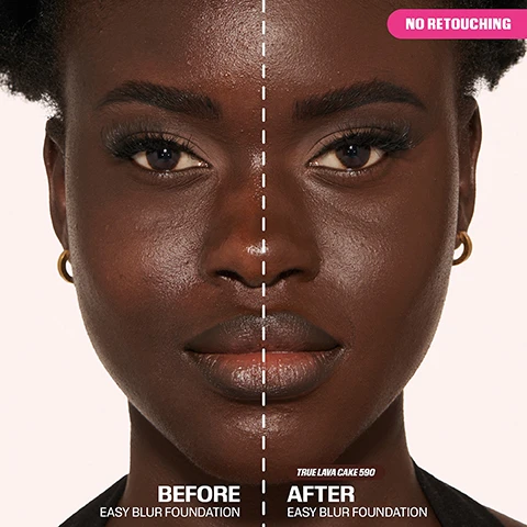 Image 2 - A split-screen image of a dark-skinned persons face, with the left side showing natural skin texture and the right side showing a smoother, matte foundation finish, featuring text that reads NO RETOUCHING, BEFORE EASY BLUR FOUNDATION, and AFTER TRUE LAVA CAKE 590 EASY BLUR FOUNDATION. Image 3 - A grid of twelve headshots showcasing various makeup shades on individuals with rich skin tones, with text overlays reading Shade Navigation, Rich Skin Tone, Cinnamon 440, Chocolate Mousse 450, Peanut Butter Cup 455, Mocha 500, Cocoa 510, Hot Fudge 550, Ganache 560, Chocolate Swirl 570, Truffle Cake 580, True Lava Cake 590, Molten Cocoa 595, and Espresso 600. Image 4 - The image displays a three-step makeup routine on a womans face, showing her bare skin in the first panel, her skin with foundation in the second, and her finished makeup in the third, accompanied by product visuals and text reading THE EASY ROUTINE, PRIME, hudabeauty EASY BLUR PRIMER, BLUR, hudabeauty MACCHIATO 400G EASY BLUR FOUNDATION, BAKE, hudabeauty PEACH PIE EASY BAKE LOOSE POWDER. Image 5 - A grid of four before and after comparisons shows womens faces with various skin concerns on the left side, such as acne, visible pores and texture, pigmentation, and redness, and then smoother, clearer skin on the right side, achieved with makeup, with visible text labels ACNE, PORES & TEXTURE, PIGMENTATION, REDNESS, and a central banner stating BLUR YOUR CONCERNS. Image 6 - A grid displaying makeup complexion pairings for rich skin tones, with 10 headshots of models with various deep complexions aligned with two columns of shade swatches for Huda Beauty Easy Blur Foundation and Easy Bake Setting Powder, along with the text: COMPLEXION PAIRINGS RICH SKIN TONE EASY BLUR FOUNDATION EASY BAKE SETTING POWDER PEANUT BUTTER CUP 455 KUNAFA MOCHA 500 KUNAFA COCOA 510 KUNAFA HOT FUDGE 550 CINNAMON BUN GANACHE 560 CINNAMON BUN CHOCOLATE SWIRL 570 CINNAMON BUN TRUFFLE CAKE 580 CINNAMON BUN TRUE LAVA CAKE 590 CINNAMON BUN MOLTEN COCOA 595 CINNAMON BUN ESPRESSO 600 CINNAMON BUN. Image 7 - A Huda Beauty Easy Blur natural airbrush foundation bottle is tilted on a light pink background, with light brown foundation dripping out, surrounded by text that reads: NON-COMEDOGENIC, PORE BLURRING, SILICA POWDER, SERUM-LIKE FOUNDATION, 1.5% NIACINAMIDE, SAFE FOR SENSITIVE SKIN, FRAGRANCE & ALCOHOL-FREE, 30 ML / 1 FL. OZ. Image 8 - A womans face is shown in three side-by-side panels, illustrating the progression of makeup coverage, with the first panel showing her natural freckled skin, the second showing partial coverage after one application, and the third showing fuller coverage after two applications, with the visible text BUILDABLE COVERAGE, BEFORE, 1 APPLICATION, 2 APPLICATIONS. Image 9 - A close-up of a woman with foundation dripping down the side of her face from a bottle held by a hand, with text reading BETTER than a FILTER, BLURRING, 16HR WEAR, LIGHTWEIGHT, and on the foundation bottle, hudabeauty EASY BLUR natural airbrush foundation fond de teint airbrush naturel 30 ML / 1 FL. OZ. Image 10 - A grid of 15 diverse models showcasing foundation shades, with the banner text SHADE NAVIGATION MEDIUM SKIN TONE, and individual shade labels: ICED FRAPPE 305, GOLDEN MILK 307, AMARETTI 310, TRES LECHES 320, BUTTER PECAN 330, BAKLAVA 340, DULCE DE LECHE 350, CRÈME CARAMEL 355, MACCHIATO 400, TOFFEE 420, PISTACHIO CREAM 425, GINGERBREAD 430, CINNAMON 440, CHOCOLATE MOUSSE 450, PEANUT BUTTER CUP 455. Image 11 - A grid of 15 headshots displays diverse individuals modeling different makeup shades on their faces, with text reading Shade Navigation, Light Skin Tone, Milkshake 100, Angel Food 110, Vanilla 120, Cashew 140, Crème Brûlée 150, Shortbread 200, Chai 210, Custard 220, Macaroon 230, Toasted Coconut 240, Cheesecake 250, Apple Pie 255, Cream Puff 260, Latte 300, and Iced Frappe 305.