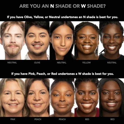 are you an N shade or W shade? if you have olive, yellow or neutral undertones an N shade is best for you. if you have pink, peach or red undertones a W shade is best for you