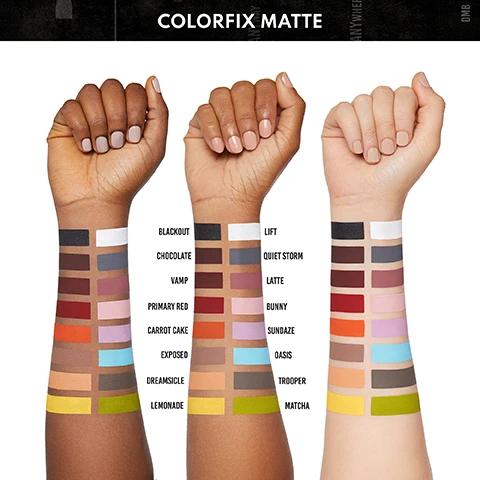 Image 1 - Image depicts three diverse arms displaying various shades of swatches labeled with color names, including Blackout, Chocolate, Vamp, and more, organized in rows on the arms.
Image 2 - Image shows multiple arms with swatches of different makeup finishes labeled Nude, Matte, Metallic, Liquid Metal, Foil, Glaze + Sparkler, arranged in two rows with seven unique finishes on the top, and the Liquid Metal and Foil swatches below.
Image 3 - A collage of six models showcasing different makeup looks, with text instructions: top left: use one shade as a base, stand-alone eyeshadow or blend multiple shades together; top middle: outline, fill in, and gloss lips for a plump pout that lasts; top right: tap on as a soft highlight, blush, or sculpted contour; bottom left: for waterproof liner or brows use an angle or pointed brush; bottom middle: tap or swipe on eyes or all over face for fall out free glimmer; bottom right: use alone for a glossy look on the eyes or lips, layer on top of other colorfix finishes.
