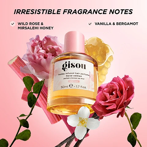 Image 1 - A bottle of Gisou honey infused hair perfume is shown amidst pink flowers, rhubarb stalks, and floral notes, with visible text stating IRRESISTIBLE FRAGRANCE NOTES, WILD ROSE & MIRSALAHI HONEY, and VANILLA & BERGAMOT.
Image 2 - A mini and full-size bottle of Gisou honey infused hair perfume is displayed against a pastel background, with the mini bottle labeled 15ml and the full-size bottle labeled 50ml, both featuring the text wild rose and product details.
Image 3 - Image of three bottles of Gisou hair perfume labeled Lavender Berry, Original, and Wild Rose, with floral elements and the text SCENTS FROM OUR BEE GARDEN FIND YOUR FRAGRANCE, featuring ingredients such as lavender, blackberries, Mirsalehi honey, and spring florals.
Image 4 - A woman with curly hair is holding a bottle of oil while surrounded by pink roses and a pastel sky, with text that reads SCENTS WITH BENEFITS, followed by check marks for HYDRATES, ADDS SHINE, and WITH UV FILTERS.
Image 5 - A honeycomb filled with bees is shown on the left, while on the right is a drop of argan oil hanging from a spoon, with text indicating benefits of Mirsalehi Honey and Argan Oil.
Image 6 - A woman with long hair, wearing a green floral headband and a white tank top, is holding a honeycomb frame filled with bees while standing in a garden; the image includes text that reads: WHAT IS MIRSalehi HONEY? Sustainably sourced from the Mirsalehi Bee Garden in the Netherlands, Delivers intense hydration & glossy shine, Rich in vitamins, minerals, amino acids & potent antioxidants.