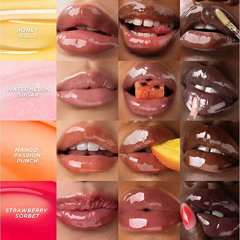 Image 1 - A grid of four rows showing a variety of lips with glossy lip products in different shades and textures, labeled as Honey Gold, Watermelon Sugar, Mango Passion Punch, and Strawberry Sorbet.
Image 2 - The image features three rows of lip close-ups showcasing different lip glosses, with visible text labels identifying the shades Raspberry Swirl, Bee-llini Peach, and Glazed Plum.
Image 3 - Image shows six bottles of Gisou honey infused lip oil arranged vertically with three different shades of pink and one yellow, and includes the text: FRESH, JUICY & DELICIOUS, with bullet points stating: Intensely Hydrating, High Shine, Never Sticky, Juicy Scents.
Image 4 - A woman with long, wavy hair is holding a small, gold product in her hands against a soft yellow background, wearing a pink dress with a floral design; visible text includes Negin Mirsalehi wearing Honey Gold.