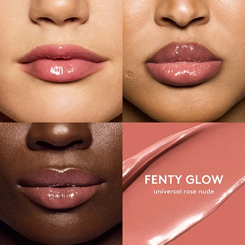 Image 1 - A close-up of four pairs of lips in a grid format showing different shades of lip gloss, with the bottom right corner featuring the text FENTY GLOW universal rose nude.
Image 2 - Image shows a close-up comparison of lips before and after applying Fenty Glow lip product, with visible text indicating BEFORE on the left and AFTER on the right, and FENTY GLOW universal rose nude in the lower right corner.
Image 3 - Image shows three types of lip products labeled as Gloss Bomb for Every Mood, each with accompanying descriptions: Gloss Bomb Universal Lip Luminizer, Gloss Bomb Cream Color Drip Lip Cream, and Gloss Bomb Heat Universal Lip Luminizer + Plumper, along with swatches of the lip colors and a note stating Models are wearing shade Fenty Glow in all formats.