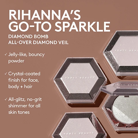 Image 1 - Image shows several hexagonal cosmetic containers with a shimmering powder, featuring the text Rihannas Go-To Sparkle Diamond Bomb All-Over Diamond Veil, and describing the product as a jelly-like, bouncy powder with a crystal-coated finish for face, body, and hair, along with an all-glitz, no-grit shimmer for all skin tones.
Image 2 - Image features two Fenty Beauty highlighters side by side; on the left is Diamond Bomb All-Over Diamond Veil with a hexagonal container, described with solid jelly-powder formula, intense diamond-dusted effect, and superfine 3D sparkle, while on the right is Killawatt Freestyle Highlighter with a hexagonal container highlighting its cream-to-powder hybrid formula, subtle-to-supercharged shimmer, and melting effect into the skin, and the text GLOW UP WITH YOUR PERFECT HIGHLIGHTER is displayed above.