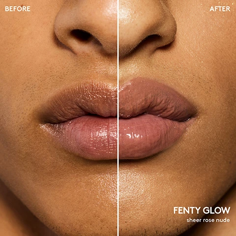 Image 1 - A close-up of a persons lips shows a comparison between the before and after application of a lip product, with the left side labeled BEFORE displaying natural, uncolored lips and the right side labeled AFTER showing tinted lips with a glossy finish, text reads FENTY GLOW sheer rose nude.
Image 2 - Image shows three different Fenty Beauty lip gloss products with their respective descriptions: Gloss Bomb Universal Lip Luminizer, Gloss Bomb Cream Color Drip Lip Cream, and Gloss Bomb Heat Universal Lip Luminizer + Plumper, each accompanied by bullet points highlighting their features, with swatches of the lip products on models lips at the bottom. Visible text includes A GLOSS BOMB FOR EVERY MOOD, product names, and descriptions of their characteristics.