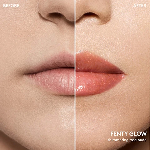 Image 1 - Image shows a close-up of lips divided into two halves, one labeled BEFORE with a matte finish and the other labeled AFTER with a glossy finish, featuring text that reads FENTY GLOW shimmering rose nude.
Image 2 - Image shows three Fenty Beauty lip products: Gloss Bomb Universal Lip Luminizer, Gloss Bomb Cream Color Drip Lip Cream, and Gloss Bomb Heat Universal Lip Luminizer + Plumper; each is accompanied by descriptions of their features and a models lips wearing the products, which include terms like explosive shine, sheer coverage, and plumper-looking lips.