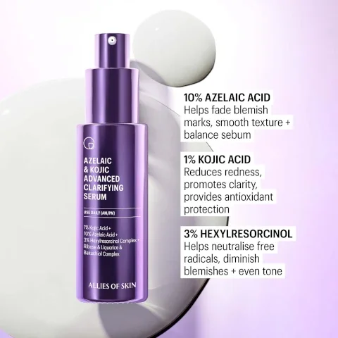 A purple serum bottle with a spray nozzle is shown against a light background with water droplets, accompanied by text detailing the benefits of ingredients: 10% Azelaic Acid for fading redness, 1% Kojic Acid for brightening, 3% Hexylresorcinol for improving skin clarity, and Ribose, Liquorice, and Bakuchiol for hydration and anti-aging.