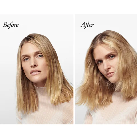 A split image shows a woman with blonde hair Before it was straight and After it is wavier and appears fuller Before After.