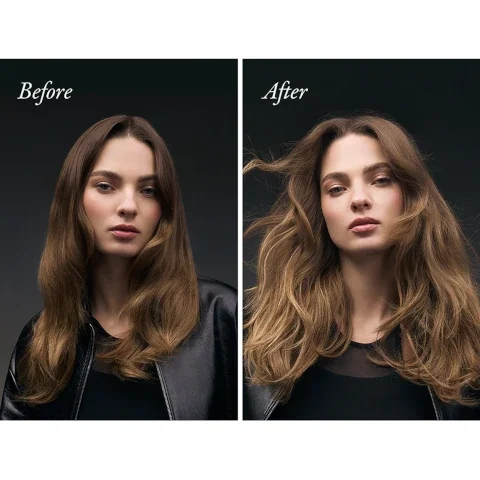Image shows a woman before with smooth hair and after with voluminous hair, with the text Before and After.